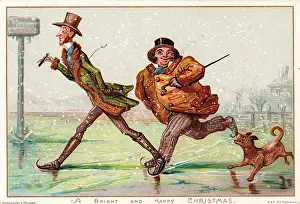 Griset: People on the ice on a comic Christmas card