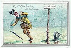 Mishaps: People on the ice on a comic New Year card
