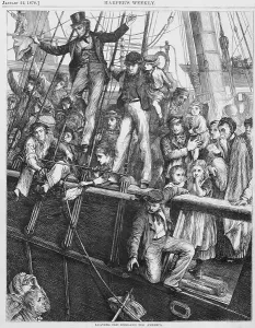 Embarkations: People on a ship deck waving as they depart ?