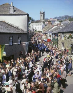 Helston: People taking part in Helston Floral Dance, Cornwall