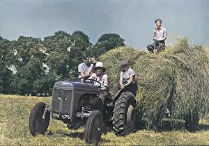Haymaking: Four people with a tractor in a field