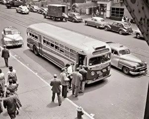 Prc001: People Women Men Passengers Lining up on Sidewalk