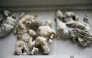Giants: Pergamon Altar. Hephaistos and goddess Eos riding a horse