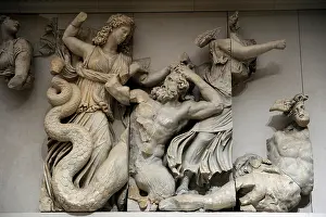 Giants: Pergamon Altar. The three Moirai, goddesses of fate, kill th
