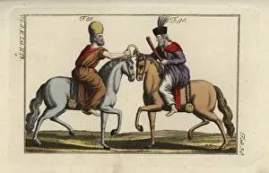 Horsemanship: Two Persians on horseback clutching a brass