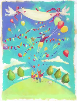 Cathy: A person holding balloons floating in the sky