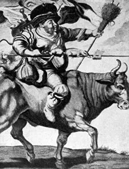 Impersonations: Personification of carnival riding on ox