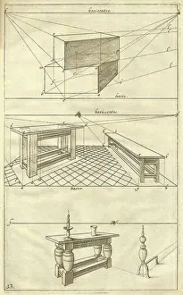 1751: Perspective drawing of table and bench