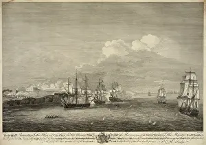 Moro: Perspective view of his majesty's ship Dragon attacking Moro
