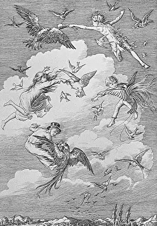 Peter Pan and the Darling children flying with the birds