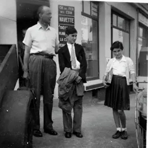 Thorneycroft: Peter Thorneycroft and family at bus stop, Brittany, France