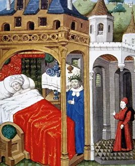 Femmes: Petrarch appears in dreams to Boccaccio. Miniature in Book o