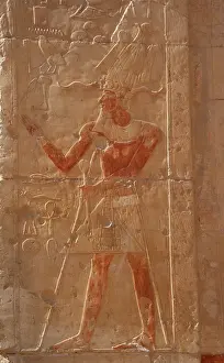 Crook: Pharaoh with the false beard and Atef crown. Deir el-Bahari