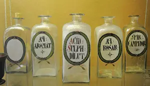 Bottles: Pharmaceutical glass containers. 1700. Pharmacy Museum. Turk