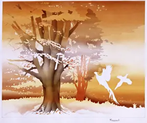 Airbrush: Pheasants rise into the air in a wood