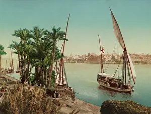 Nautical: Photochrom print of a dahabeah passenger on the