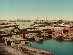 Wharf: Photochrom print of the port and the locks in