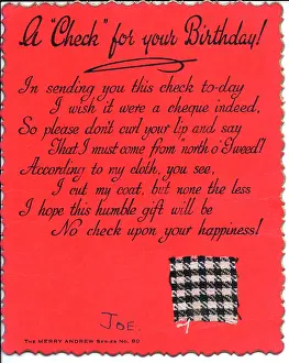 Puns: Piece of checked cloth with comic verse on a birthday card