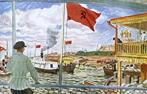 Kustodiev: Pier on the Volga by Kustodiev