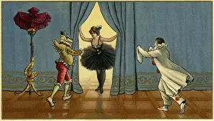 Pierrette: Pierrot, jester and pierrette acting on stage