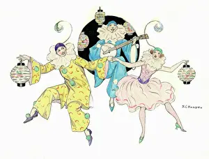 Pierrots: Two pierrots and girl dancing with lanterns