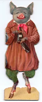 Trotters: Pig with bottles on a cutout Christmas card