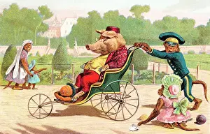 Bathchair: Pig and monkeys in a park on a postcard