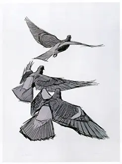 Linocut: Pigeons Rising
