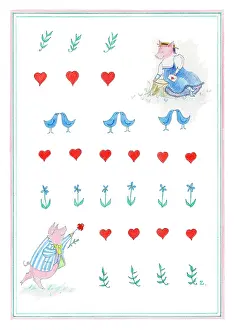 Newcome: Two Pigs with hearts, birds and flowers