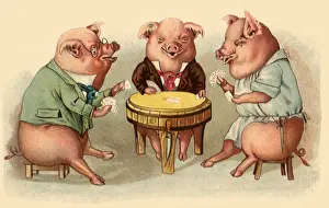 Stools: Pigs Playing Cards