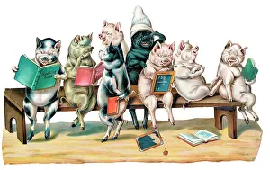 Sums: Pigs sitting on a school bench on a Victorian scrap