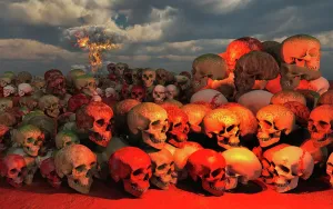 Explosions: A pile of human skulls as a result of an atomic war