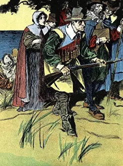1620: Pilgrim Fathers advancing into America after crossing