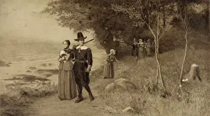 Bibles: Pilgrims holding Bibles walking down path
