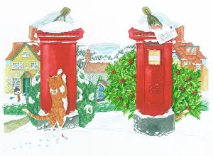 Posting: Pillar box with robin posting a letter, and a cat