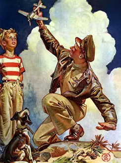 Leyendecker: Pilot Playing with Toy Plane and Son