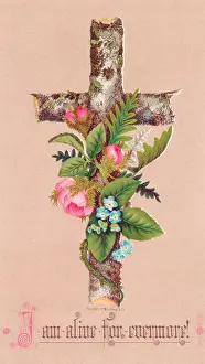Forgetmenot: Pink and blue flowers and a cross on an Easter card