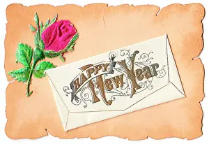 Rosebud: Pink rose on a New Year card