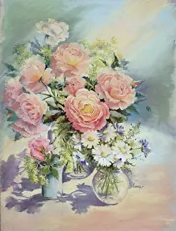 Caryl: Pink roses and daisies etc in three vases