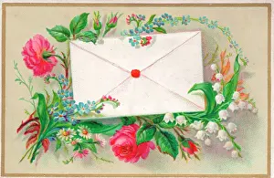 Rosebud: Pink roses with envelope on a greetings card