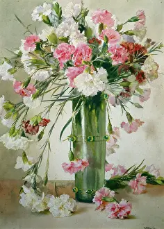 Mercier: Pinks in a Tall Green Vase