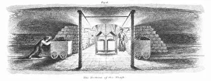 Tubs: Bottom of pit shaft, showing cage and tubs of