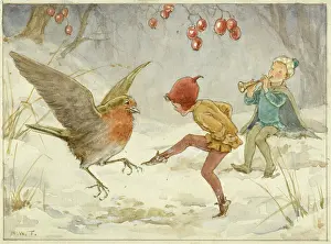 Whimsical: A pixie and a robin dance in tune to music