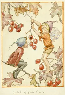 Fairyland: Two pixies on branches with red berries