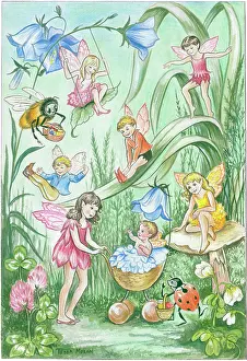 Moran: Pixies and Fairies playing among bluebells