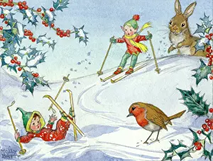 Pixies: Pixies skiing with robin and rabbit looking on
