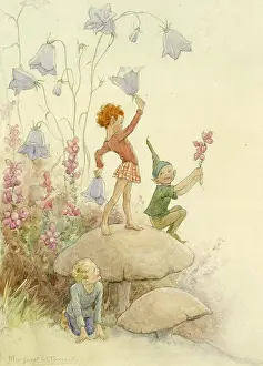 Harebells: Three pixies on toadstools
