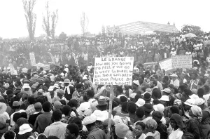 Neighbourhoods: A placard at a mass funeral in Alexandra. The placard