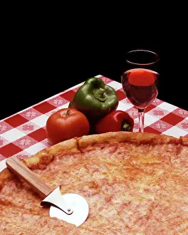 Peppers: Plain Cheese Pizza on Red and White checkered Tableclot