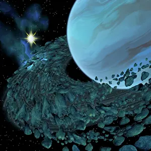 Cosmic: A planetary ring orbits around a blue planet